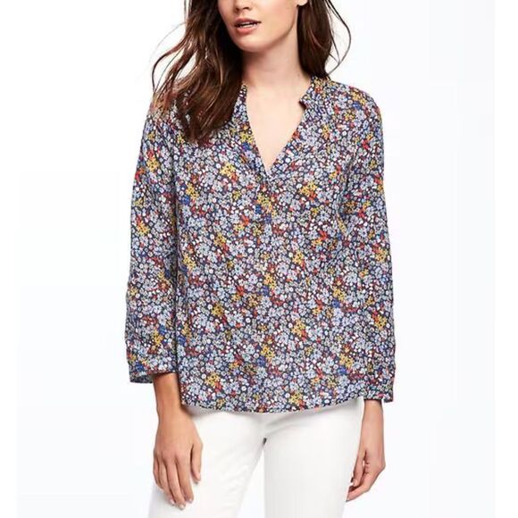 Old Navy Womens Popover Tunic Top XL Blue Red Floral Linen Sheer Vacation Spring - Picture 1 of 11